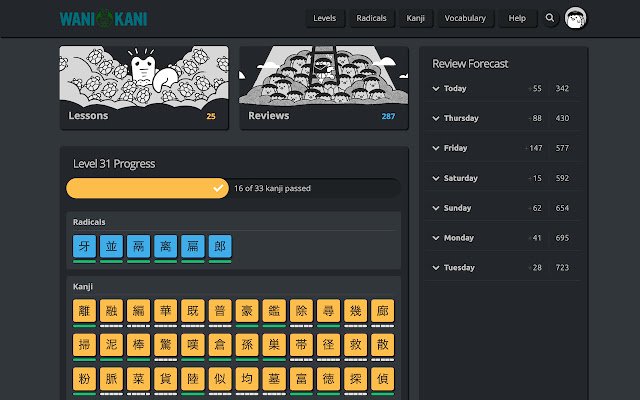 Wanikani Dark Mode de la tienda web de Chrome se ejecutará con OffiDocs Chromium en línea