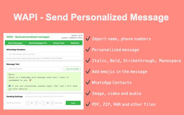 WAPI Send personalized messages  from Chrome web store to be run with OffiDocs Chromium online