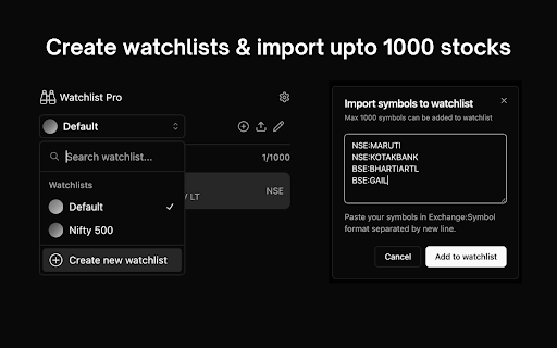 Watchlist Pro for Zerodha Kite  from Chrome web store to be run with OffiDocs Chromium online