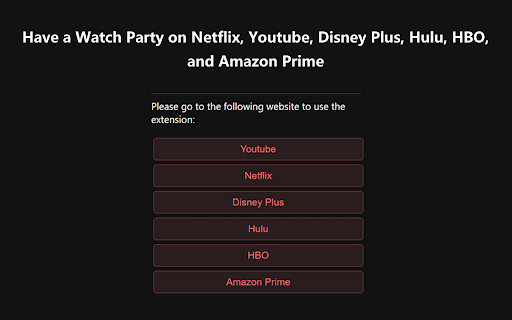 Watch Party Watch Together on Netflix, Youtube, Hulu, HBO from Chrome web store to be run with OffiDocs Chromium online Watch Party Watch Together on Netflix, Youtube, Hulu, HBO from Chrome web store to be run with OffiDocs Chromium online
