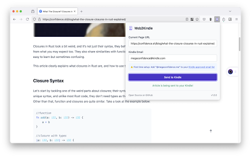 Web2Kindle  from Chrome web store to be run with OffiDocs Chromium online