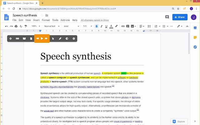 Web2Speech  from Chrome web store to be run with OffiDocs Chromium online
