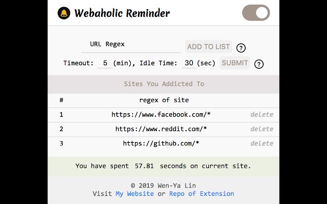 Webaholic Reminder mula sa Chrome web store na tatakbo sa OffiDocs Chromium online