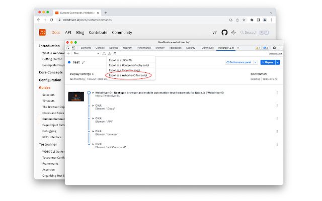 WebdriverIO Chrome Recorder de Chrome web store para ejecutarse con OffiDocs Chromium en línea