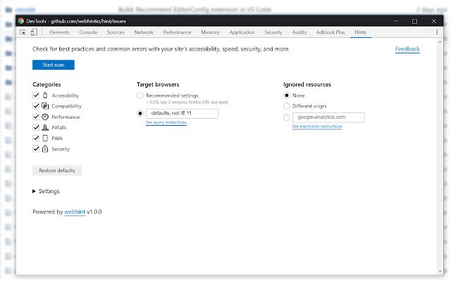 webhint  from Chrome web store to be run with OffiDocs Chromium online