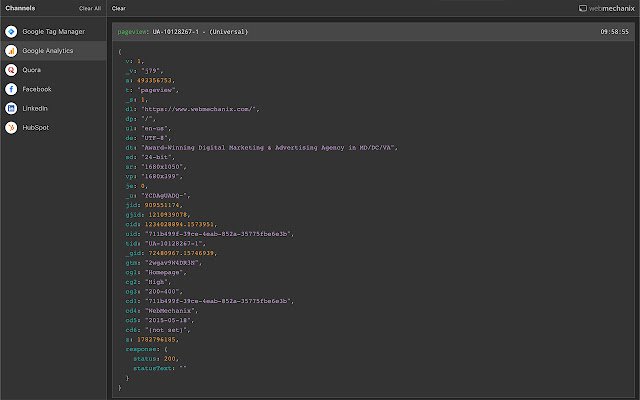 WebMechanix Tracking Debugger  from Chrome web store to be run with OffiDocs Chromium online
