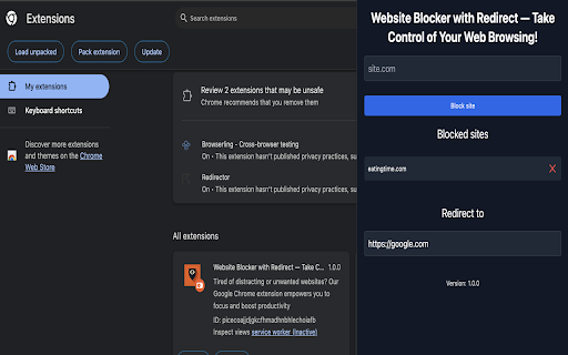 Website Blocker with Redirect — Take Control of Your Web Browsing!  from Chrome web store to be run with OffiDocs Chromium online