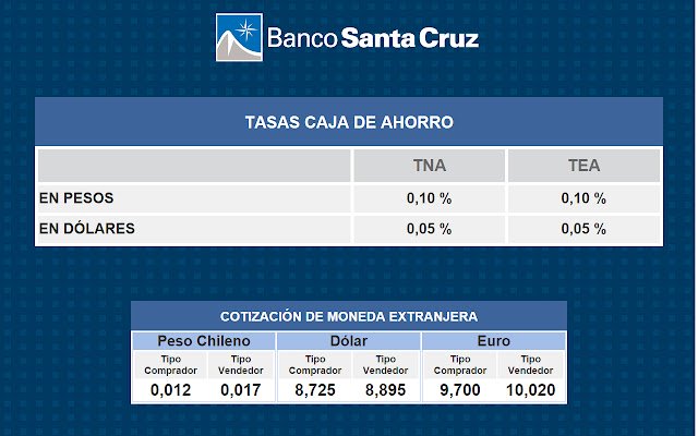 Web Tasas Banco Santa Cruz uit de Chrome-webwinkel wordt uitgevoerd met OffiDocs Chromium online