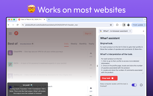 Wharf in browser assistant  from Chrome web store to be run with OffiDocs Chromium online