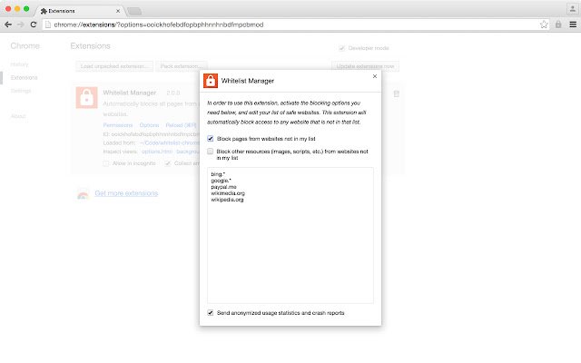 Whitelist Manager  from Chrome web store to be run with OffiDocs Chromium online