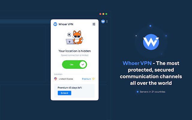 يمكن تشغيل Whoer VPN من متجر Chrome الإلكتروني مع OffiDocs Chromium عبر الإنترنت