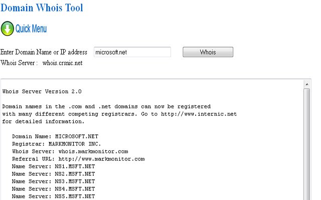 Whois Tool  from Chrome web store to be run with OffiDocs Chromium online