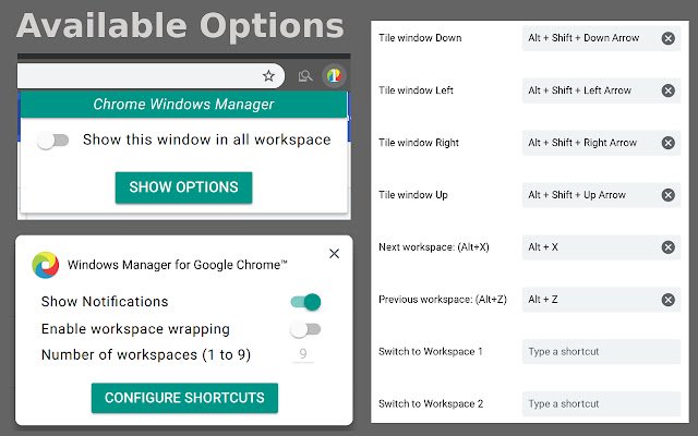 Windows Manager for Google Chrome ™ من متجر Chrome الإلكتروني ليتم تشغيله مع OffiDocs Chromium عبر الإنترنت