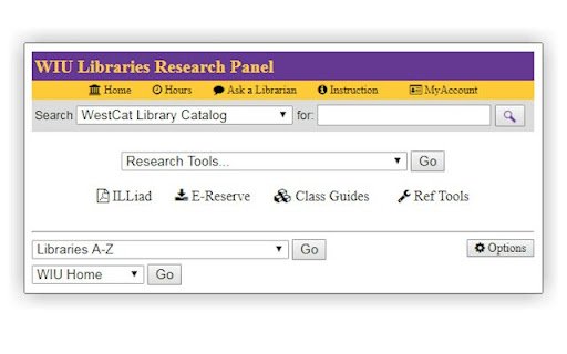WIU Libraries Research Panel  from Chrome web store to be run with OffiDocs Chromium online