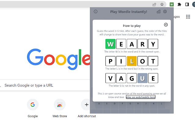 Jocul Wordle din magazinul web Chrome va fi rulat cu OffiDocs Chromium online