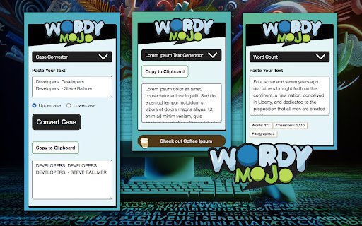 Wordy Mojo, A Text Utility Extension  from Chrome web store to be run with OffiDocs Chromium online
