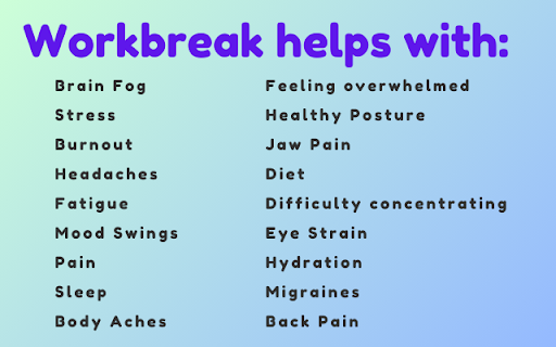 Workbreak: Explore, Track, Reduces Stress  Burnout  from Chrome web store to be run with OffiDocs Chromium online