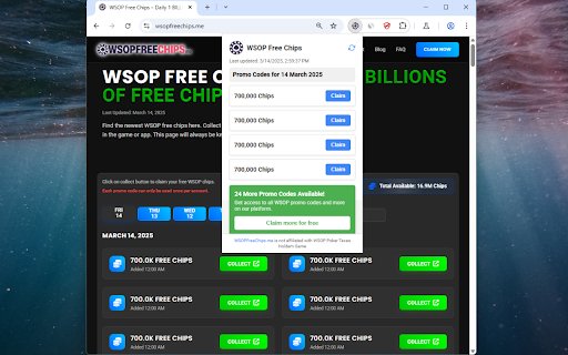 WSOP Free Chips: Daily Promo Codes For WSOP  from Chrome web store to be run with OffiDocs Chromium online