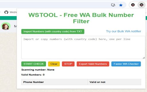 wstool Free WA Bulk Number filter  from Chrome web store to be run with OffiDocs Chromium online