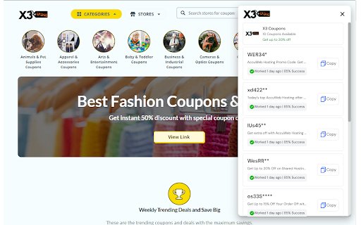 X3Coupons Provide discount code for 300k+ brand  from Chrome web store to be run with OffiDocs Chromium online