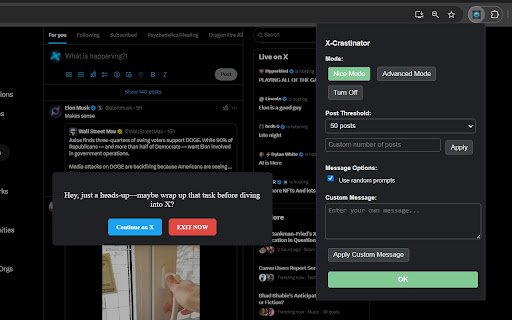 X Crastinator  from Chrome web store to be run with OffiDocs Chromium online