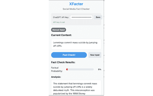 XFacter: Social Media Fact Checker from Chrome web store to be run with OffiDocs Chromium online XFacter: Social Media Fact Checker from Chrome web store to be run with OffiDocs Chromium online