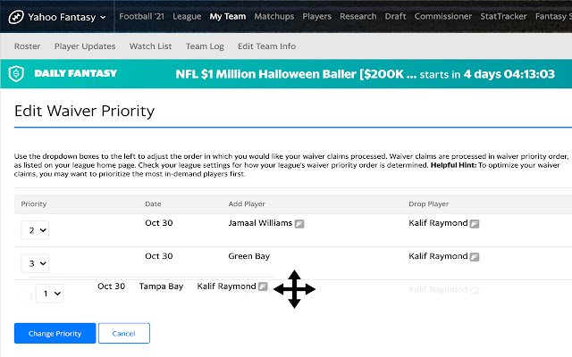 Yahoo Fantasy Waivers  from Chrome web store to be run with OffiDocs Chromium online