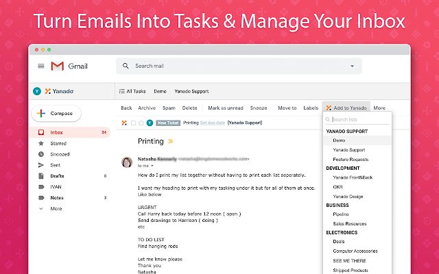 Yanado Task Management ภายใน Gmail จาก Chrome เว็บสโตร์ที่จะเรียกใช้ด้วย OffiDocs Chromium ทางออนไลน์