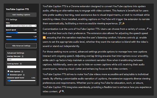 YouTube Caption TTS  from Chrome web store to be run with OffiDocs Chromium online