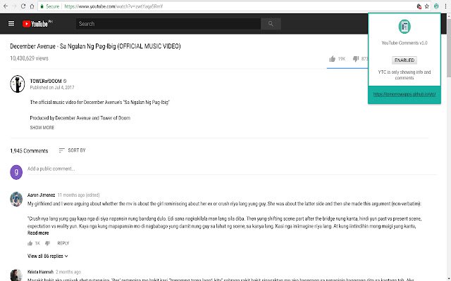YouTube Comments  from Chrome web store to be run with OffiDocs Chromium online