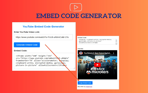YouTube Embed Code Generator  from Chrome web store to be run with OffiDocs Chromium online
