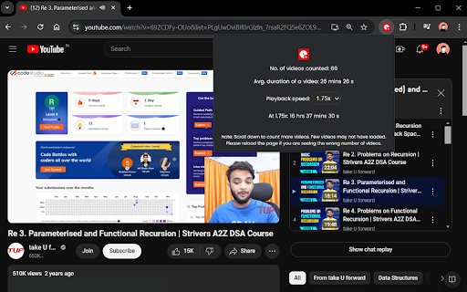 YouTube Playlist Duration  from Chrome web store to be run with OffiDocs Chromium online