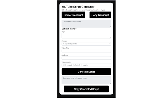 YouTube Script Generator  from Chrome web store to be run with OffiDocs Chromium online