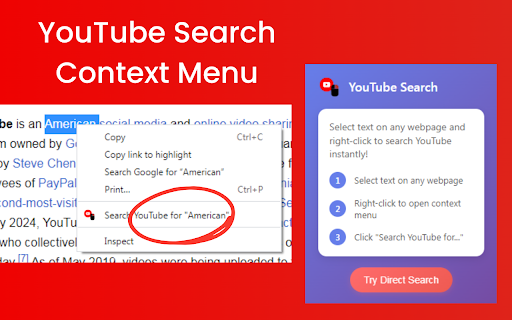 YouTube Search Context Menu Quick Video Search from Chrome web store to be run with OffiDocs Chromium online YouTube Search Context Menu Quick Video Search from Chrome web store to be run with OffiDocs Chromium online