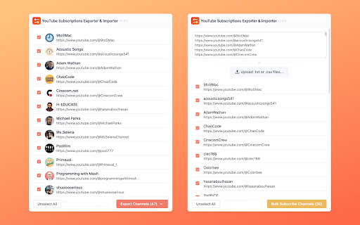 YouTube Subscriptions Exporter  Importer  from Chrome web store to be run with OffiDocs Chromium online