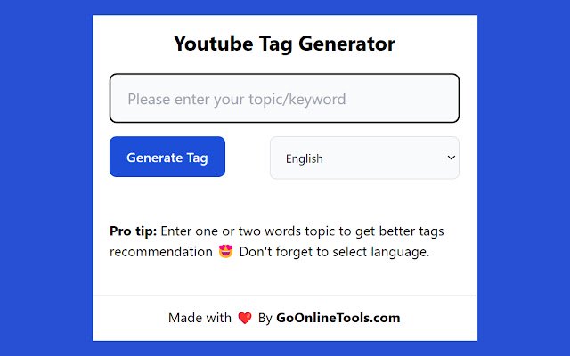 ക്രോം വെബ് സ്റ്റോറിൽ നിന്നുള്ള Youtube Tag Generator, OffiDocs Chromium ഓൺലൈനിൽ പ്രവർത്തിക്കും