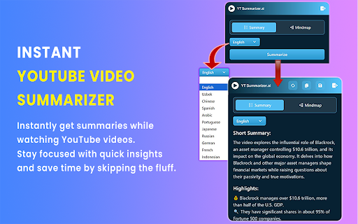YouTube Video Summarizer  from Chrome web store to be run with OffiDocs Chromium online