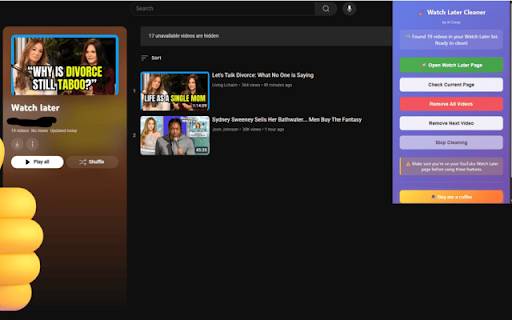 YouTube Watch Later Cleaner  from Chrome web store to be run with OffiDocs Chromium online