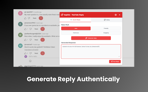 Yt Reply: AI Reply Assistant for YouTube Comments  from Chrome web store to be run with OffiDocs Chromium online