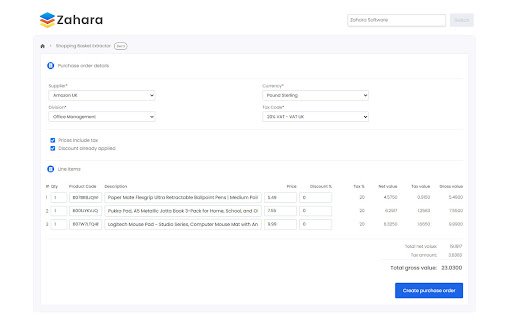 Zahara Shopping basket extractor  from Chrome web store to be run with OffiDocs Chromium online
