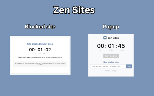 Zen Sites block distracting websites  from Chrome web store to be run with OffiDocs Chromium online