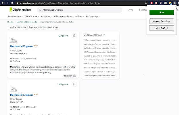 ZipRecuriter Apply  from Chrome web store to be run with OffiDocs Chromium online