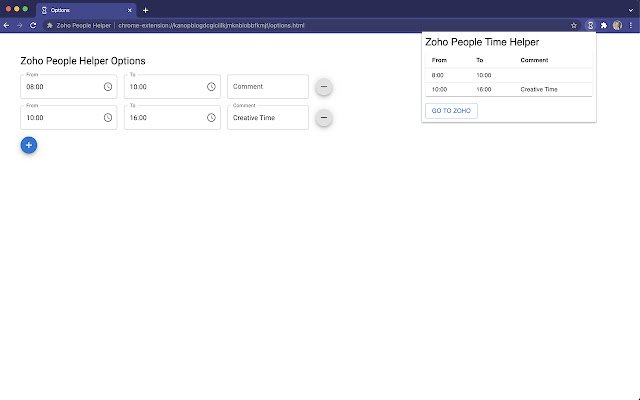 Zoho People Time Helper  from Chrome web store to be run with OffiDocs Chromium online
