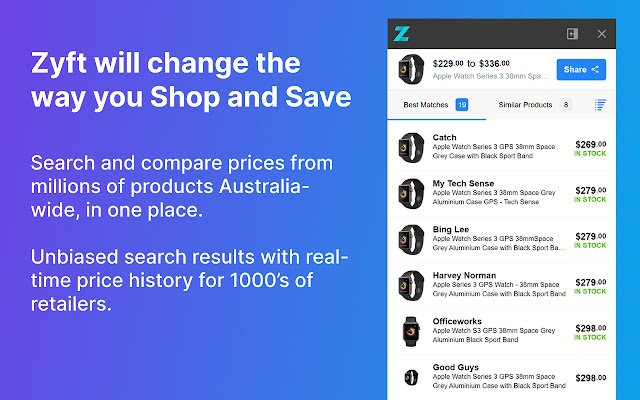 Zyft | مقارنة أسعار التسوق في أستراليا من متجر Chrome الإلكتروني ليتم تشغيلها باستخدام OffiDocs Chromium عبر الإنترنت
