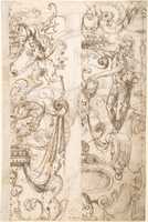 Free download Seated Satyr Holding a Shell - Dragon [horizontal] (recto); Two Vertical Columns of Groteschi with and Owl (verso) free photo or picture to be edited with GIMP online image editor