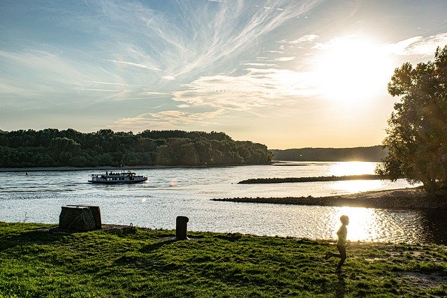 Free download ship river sunset boy running free picture to be edited with GIMP free online image editor