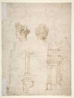 Free download Sketches of a Funeral Monument, a Niche with Statues, a Helmet in the Shape of a Human Head, an Entablature and a Female Statue free photo or picture to be edited with GIMP online image editor