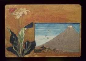 Scarica gratuitamente una foto o un'immagine gratuita di piccola cartolina decorata con il Monte Fuji e fiori da modificare con l'editor di immagini online GIMP