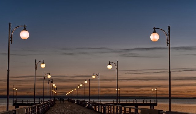 Free download street lights boardwalk sea sunset free picture to be edited with GIMP free online image editor