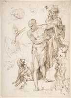 Free download Studies and Sketches for Figures: Standing Male Nude in Frontal View, Male Heads, Seated Monkey, and a Long-Beaked Bird (a Stork?) (recto); Figure Studies:  Back View of Standing Male and Female Heads, a Flying Long-Beaked Bird, etc. (verso) free photo or picture to be edited with GIMP online image editor